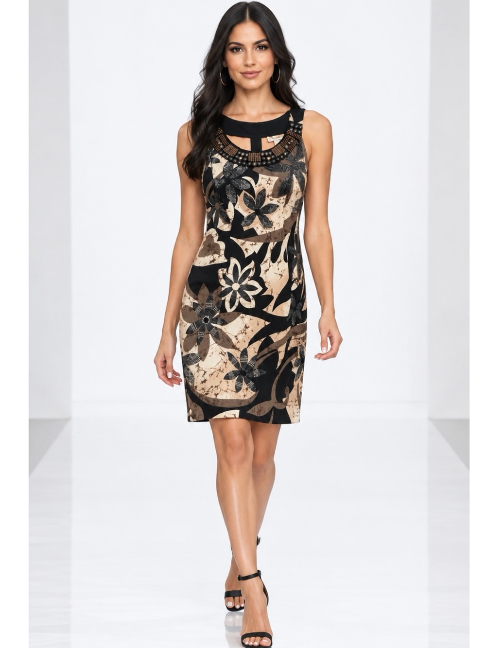 dressbarn Black and Beige Floral Embellished Sheath Dress
